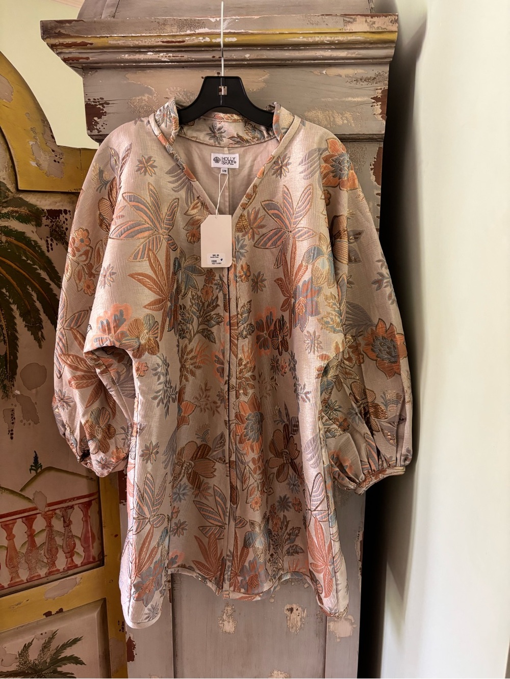 Boho Floral Mini Dress in Soft Beige and Pastel Prints - Picture 2 of 15